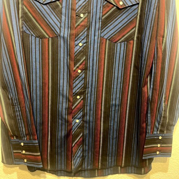 Wrangler Western Dress Shirt Mens 17.5 Multicolor Striped Cotton Pearl Snap Blue - Picture 4 of 12